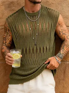 Military Hollow Out Knit Sleeveless Vest, Men's Summer Breathable Mesh Top, Streetwear Casual Outerwear, Loose-Fitting Plaid Pattern, Relaxed Fit