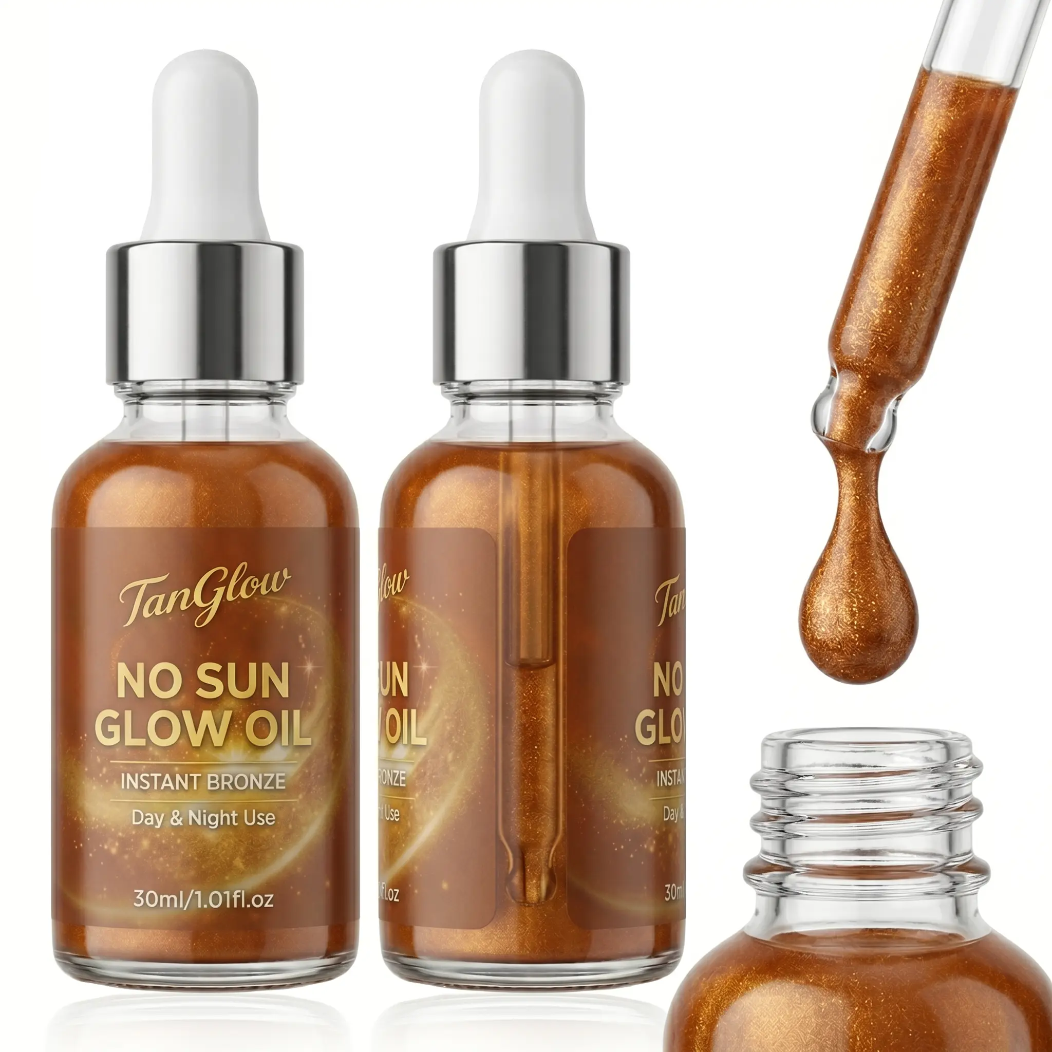 [Buy 1 Get 1 Multi Pack] TanGlow No Sun Glow Oil - Quick-Tanning Self-Tanner, Instant Bronze Streak-Free Shimmer Sunkissed Glow, 2-in-1 Cosmetic Primer & Moisturizing Tanning Serum, Body Care Moisturizer, For All Skin Types, Face & Body Use, 1.01 fl.oz, A