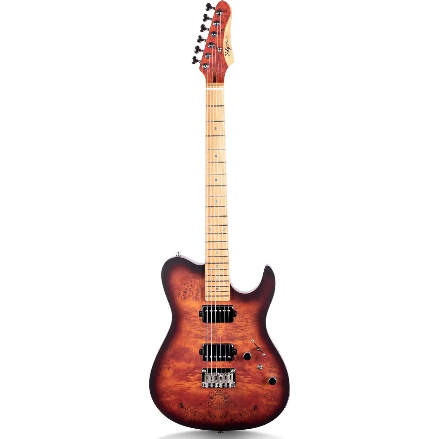 Electric Guitar Burl Wood Look Printed Top Modern Double Cut 6 String HH Pickups Tremolo Maple Neck Gloss Finish (VS)