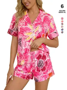 2026 Spring Summer Women's Floral Print Pajama Set - Short Sleeve Button-Down Top & Elastic Waist Shorts, Silk-Like Cool Fabric, Lapel Design, Loungewear Casual Wearable Outdoors