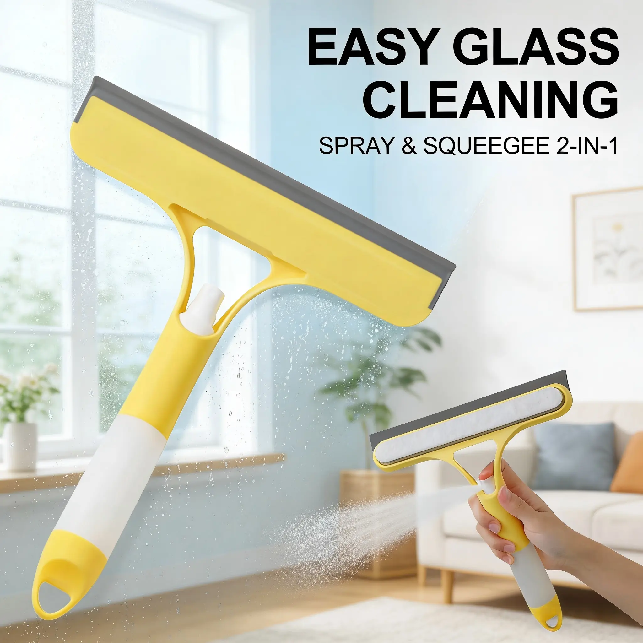 2026 New Durable PVC 3-in-1 Window Cleaning Tool with Spray Function, Squeegee, Scraper, Brush - Easy Glass Cleaning for Home Glass Doors, Mirrors, Desk, Floor, Acrylic Surfaces, Daily Home Care Use