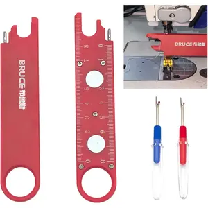 4-in-1 Quick Needle Threader with 2PCS Seam Rippers - Industrial Sewing Machine Tool Kit with Magnifying Glass, Ruler Scale & Magnetic Base, Multifunctional Gadget for Sewing Enthusiasts (Red)