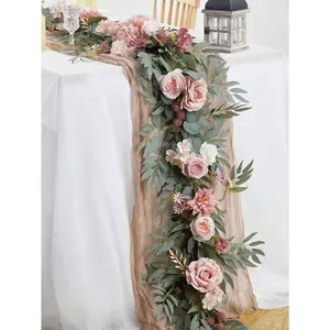 6ft/1.8m Artificial Eucalyptus And Willow Leaf Garland With Flowers, Wedding Arch Flowers Wedding Sweetheart Table Centerpieces Head Table Decor Wedding Arch Backdrop Decorations For Wedding, Spring Decoration Outdoor Decor