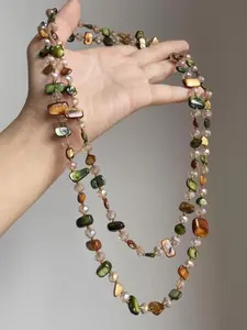 Vintage Bohemian Shell Bead Necklace, Dual Layer Long Pendant, Stackable Design, Multicolor Gemstones & Pearls, Perfect for Holidays, Boho Style Jewelry, Goddess Necklace