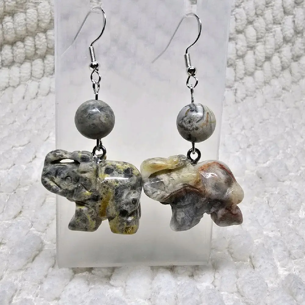 Crazy Lace Agate Elephant Earrings with Unique Stone Beads for Boho Style Jewelry