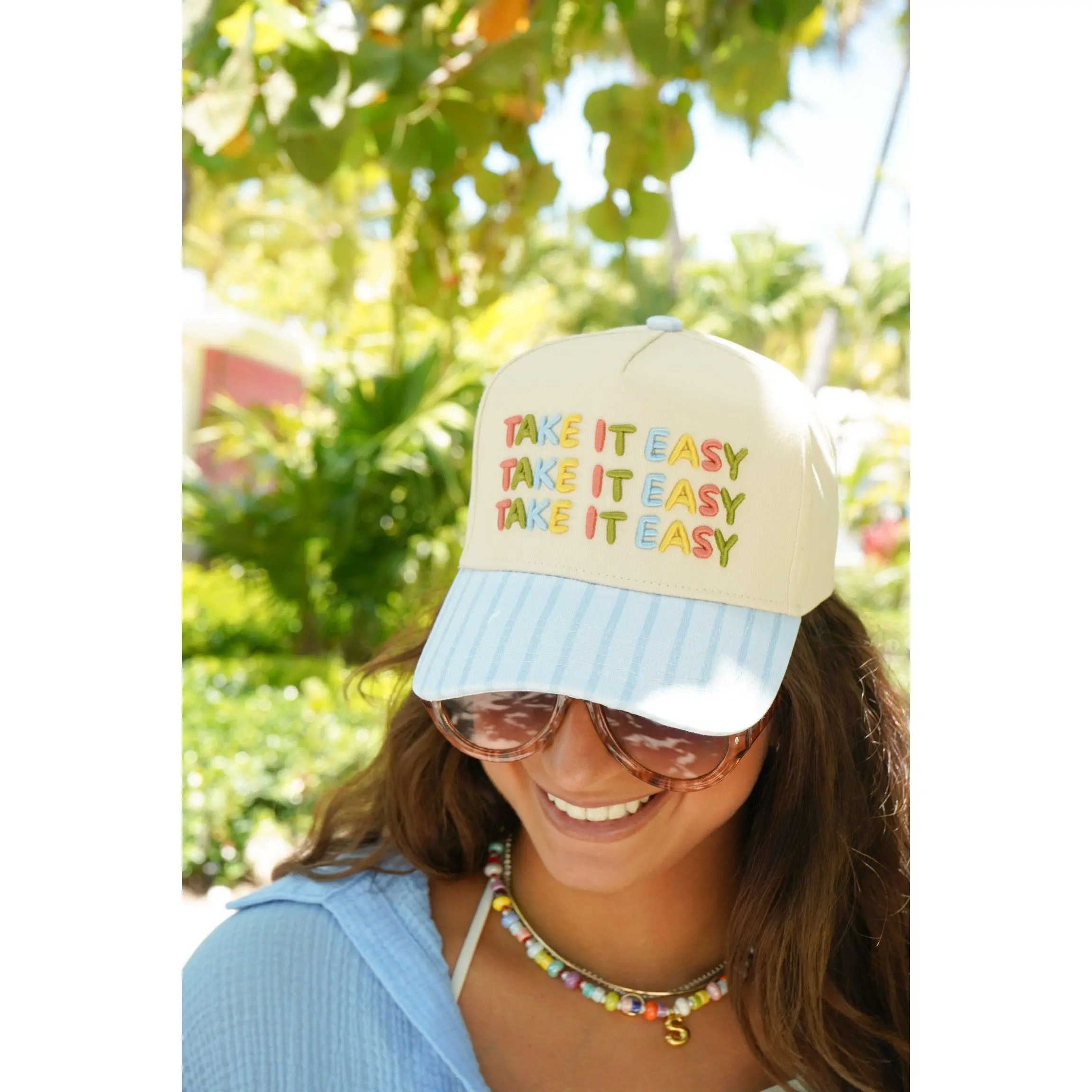 Take It Easy Blue Striped Trucker Hat for Women - Embroidered Canvas Snapback with Ponytail Hole, Breathable Summer Beach Hat, Adjustable Casual Cap High Quality Hat