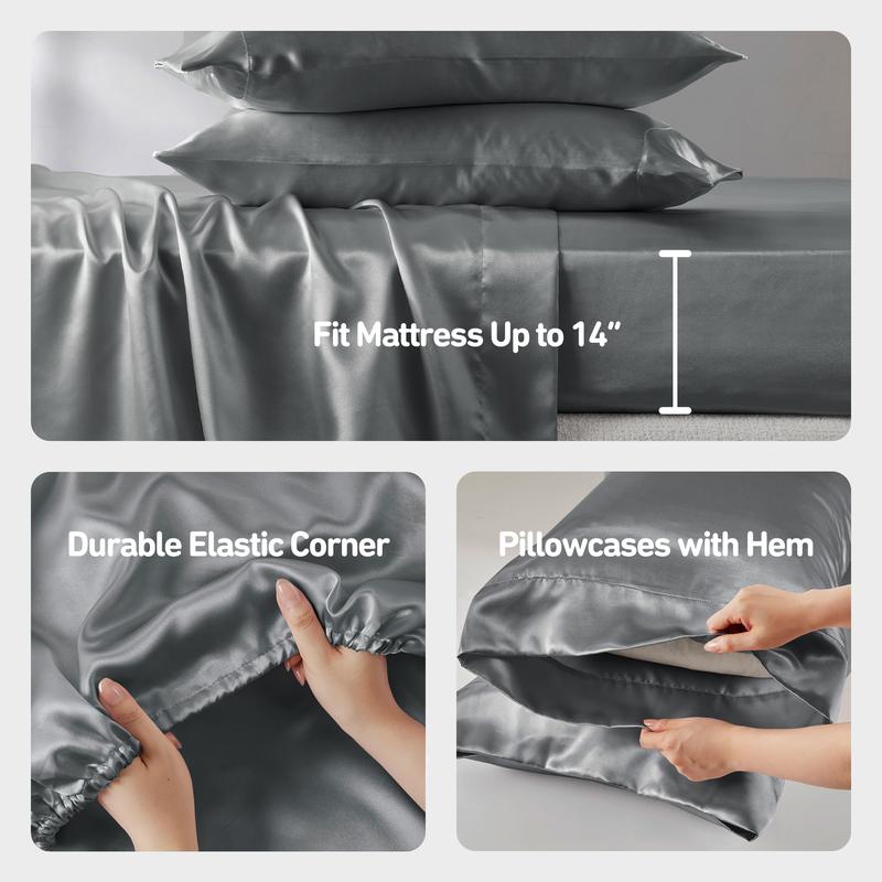 6 Piece Solid Color Satin Sheets Set (1*Flat Sheet + 1* Fitted Sheet + 4*Pillowcases), Luxurious And Silky With Natural Sheen