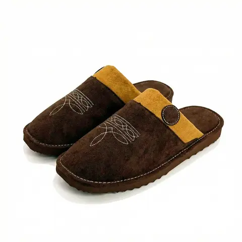 All Season Cowboy Boot Stitch Suede Leather Slippers with Square Toe Comfy House Shoes for Unisex Indoor Outdoor | Runs Small, Size Up