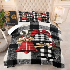 2/3 Piece Christmas Themed Printed Comforter Set, Black and White Checkered Christmas Bell Pattern Bedding Set,Christmas Gift ，Fashionable, Soft, Comfortable, Breathable, Christmas Carnival, Happy New Year, Including 1 Quilt and 1/2 Pillowcase