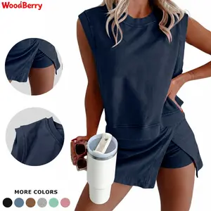 WoodBerry Women's Two Pieces Casual Travel Outfits Summer Short Lounge Set Cotton Tank Top Lined Split Athletic Skirt Sportswear Set summerwins