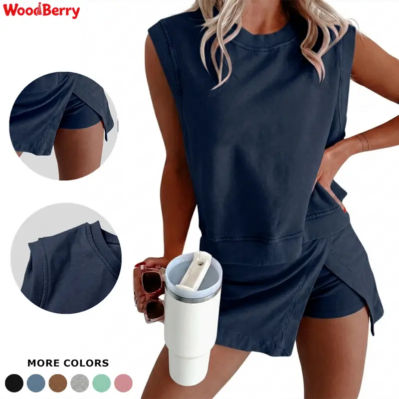WoodBerry Women's 2-Piece Crew Neck Cotton Tank Top & Lined Split Athletic Skirt Set, Casual Summer Lounge Wear for Travel