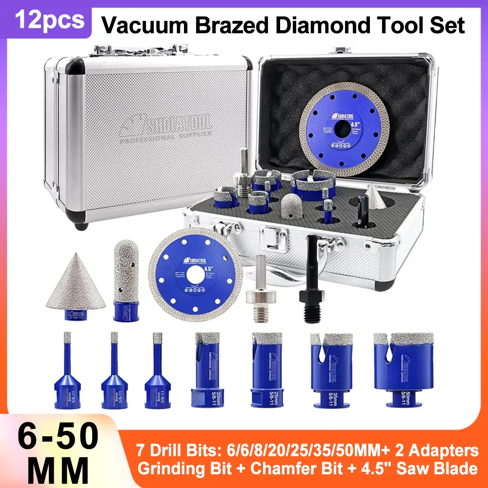 SHDIATOOL Diamond Tile Drill Bits Kit 12pcs, Porcelain Hole Saw Sets, Core Bits Cutter for Drilling Ceramic Marble Granite (6/6/8/20/25/35/50/20MM/2/SDS/HEX/4.5“)