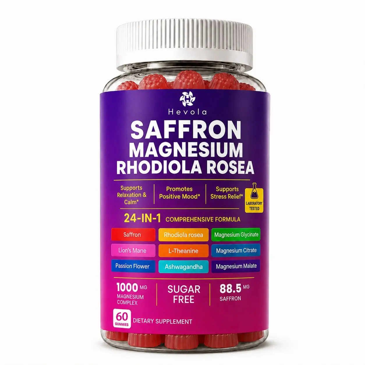 24-in-1 Saffron, Magnesium & Rhodiola Gummies | Formulated with Lion's Mane, L-Theanine, and Ashwagandha | Sugar-Free Raspberry Flavor