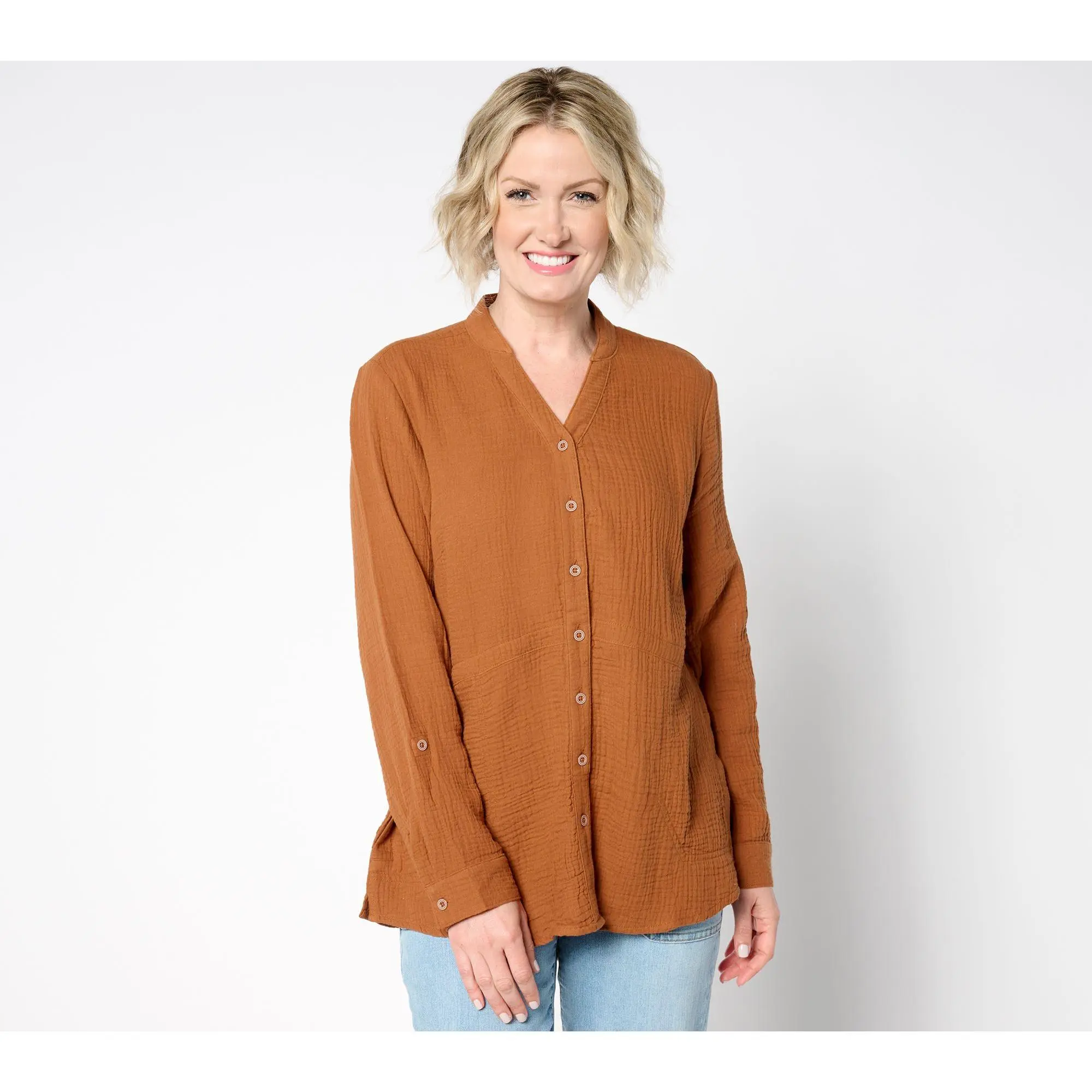 Joan Rivers Petite Marshmallow Gauze Button Front Tunic