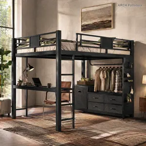 Black Metal Queen Size Loft Bed with Built-in Desk, Shelves, Clothesline Pole, Storage Pegboard, Laundry Bag, Full-Length Guardrail - Space-Saver Metal Frame Furniture, Easy-to-Assemble Adult Loft for Dorms, Bedrooms