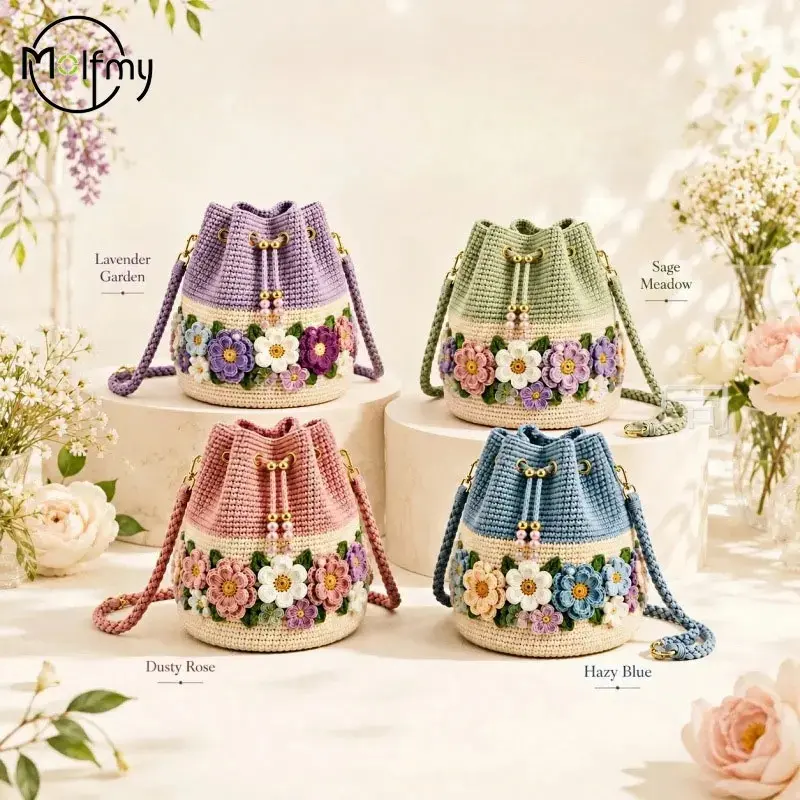 Women's Handmade Crocheted Yarn Bucket Bag - Cute Chic Floral Handbag with Embroidery Detail, Crossbody Strap, Knitted Woven Design for Vacation (Handbags for Women)