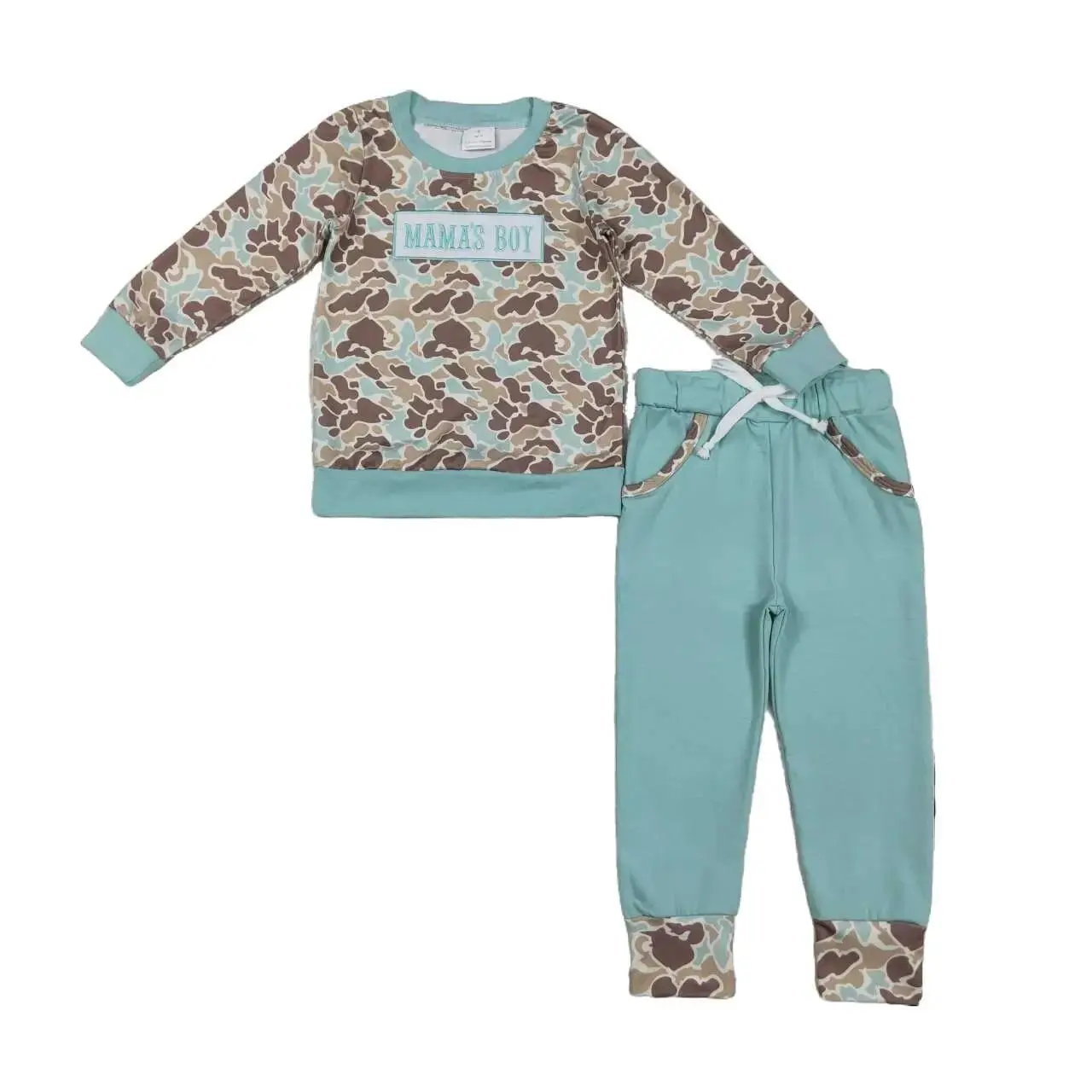 Boys Camo 2-Piece Clothing Set, Mama's Boy Long Sleeve Sweatshirt & Pants, Winter Cotton Blend Loungewear for Ages 3-8T, Solid Colors, Two-Pieces