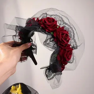 Elegant Red Rose Lace Headband for Women - Baroque Style, Hand Wash Only, Perfect for Halloween Party & Costume Headwear, Halloween Accessories | Baroque Floral Design | Durable Plastic Headband