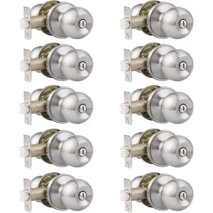 (10 Pack Bed/Bath Room Round Door Knob, Function for Bathroom/Bedroom,Interior Door Knobs with Lock Satin Nickel Finish, Keyless(Thumb Turn Lock on The Inside) Door Handles Locks