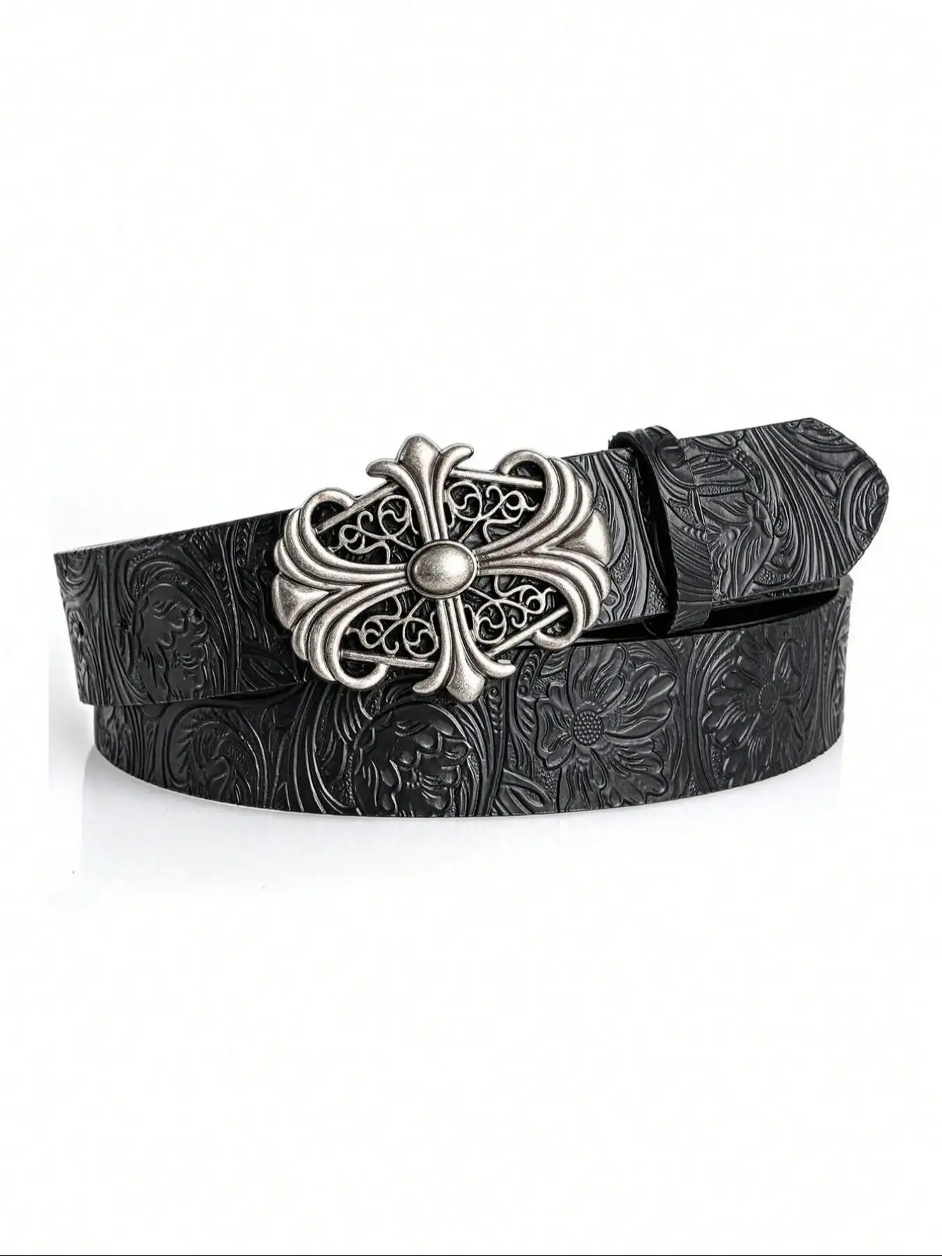 Unisex Boho Western Belt, Textured Faux Leather Waist Belt With Cross Buckle, Retro Gothic Style Accessory For Jeans Daily Wear