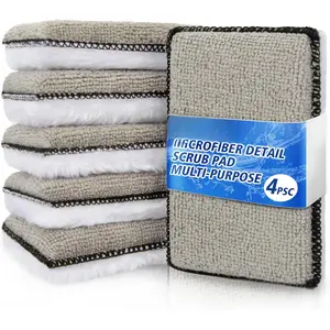 Microfiber Pad - 4 count Microfiber Pads Detailing Sponge Two Sides of Microfiber Cloth and Nylon Bristle Brush  Interior Detailing Kit for Leather Sofa Shoes and Bags  Wash Kit