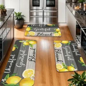 2/3pcs Kitchen Rug Set, Lemon Contrast Color Large Letter Minimalist Pattern Retro European Velvet Door Mat - Anti-Slip, Absorbent, Thick and Soft Polyester Rug Suitable for Kitchen, Dining Room, Bedroom, Laundry Room, and Entryway