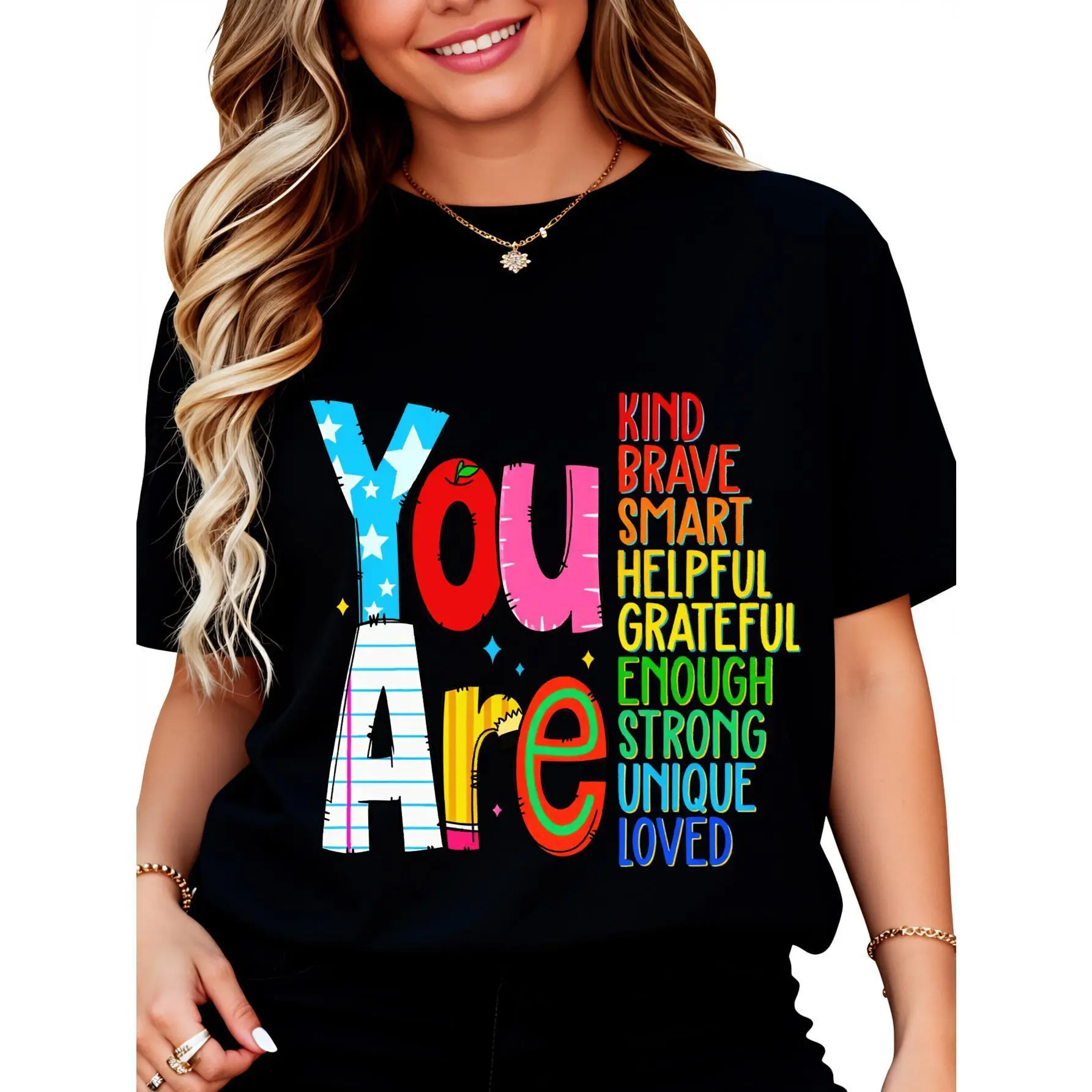 Women's Teacher Garment, Soft Shortsleeve Round Neck with You Are a Teacher Print, Fitted Modern Design, Lightweight