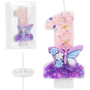 Birthday Number Candles Pink and Purple Butterfly Birthday Candles for Cake Glitter Number 1 Candle Cake Topper with Sequins for Girls and Women Anniversary Celebrations Supplies