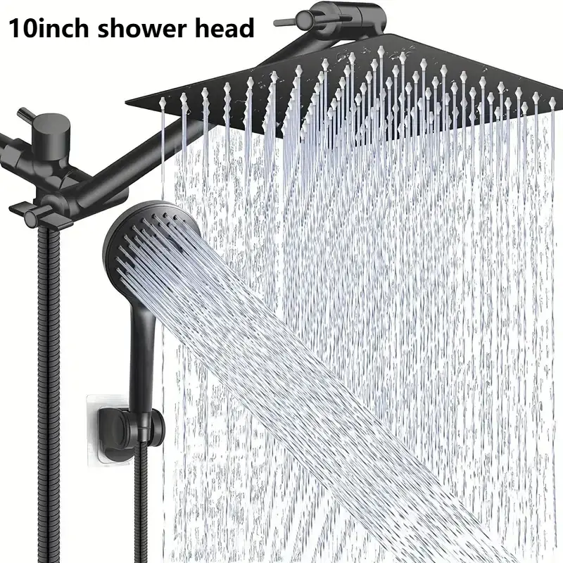 Shower Head, 10 Inch High-Pressure 3-Way Shower Combo, Rain Shower Head with 11-inch Adjustable Extension Arm and 5 Settings Handheld Showerhead Combo, Powerful Low-pressure Water Shower Spray