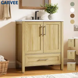 Garvee Modern Bathroom Vanity Set with Ceramic Basin, Freestanding Cabinet with Drawer and Soft-Close Doors, Single Basin, Easy Assembly, Space-Saving Storage, Natural Wood Finish