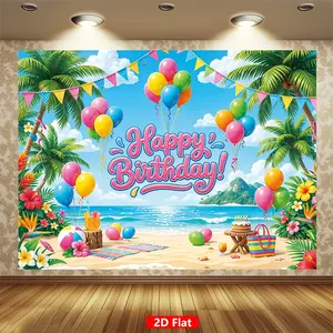 2D flat design, 1-piece birthday party backdrop banner featuring a tropical beach scene with balloons and streamers; reusable party decoration made of polyester; ideal for family celebrations and birthday party decorations