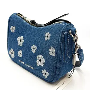 Marc Jacobs Denim Sequin Daisy Drifter Bag Chic Statement Mini Shoulder Style Compact Functional Zip Top Closure