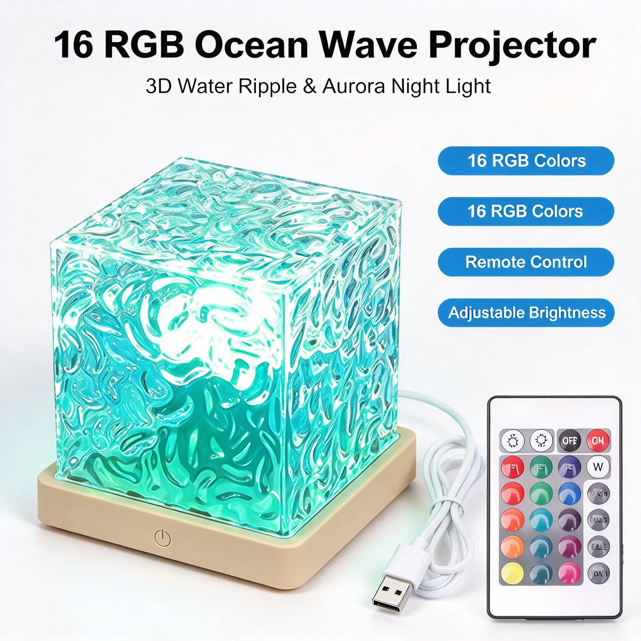 Ocean Wave Cube Projector Lamp — 16 Color Water Ripple Ambient Light with Remote, 4 Dynamic Modes & Dimmable Brightness, Mood Lighting & Night Light for Bedroom, Room Decor, Relaxation, Sleep & Aesthetic Space