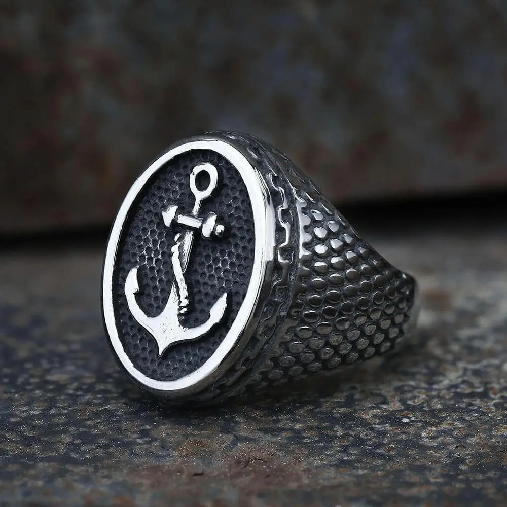 GTHIC Durable Stainless Steel Polished Surface Carved Anchor Signet Ring for Adult Males - Marine Design Casual Jewelry, Everyday Wear, Party Accessory, Affordable Father's Day Gift
