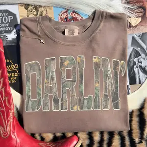Retro Camo Western, Darlin Retro Camo Country Distressed Cowboy Quote, Camouflage Graphic Tee, Western Concert, Southern Comfort Colors
