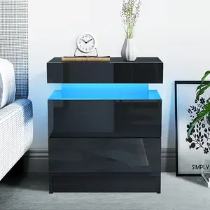 2 Drawer Modern Nightstand with RGB LED Light High Gloss Bedside Tables for Bedroom