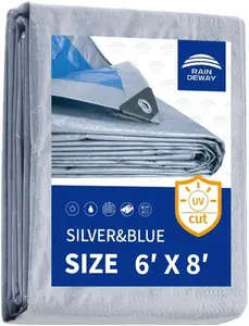 Tarps 6x8 Feet - 5.5 Mil, Multipurpose Waterproof Poly Tarp Cover with Metal Grommets and Reinforced Edges, Silver/Blue Tarp
