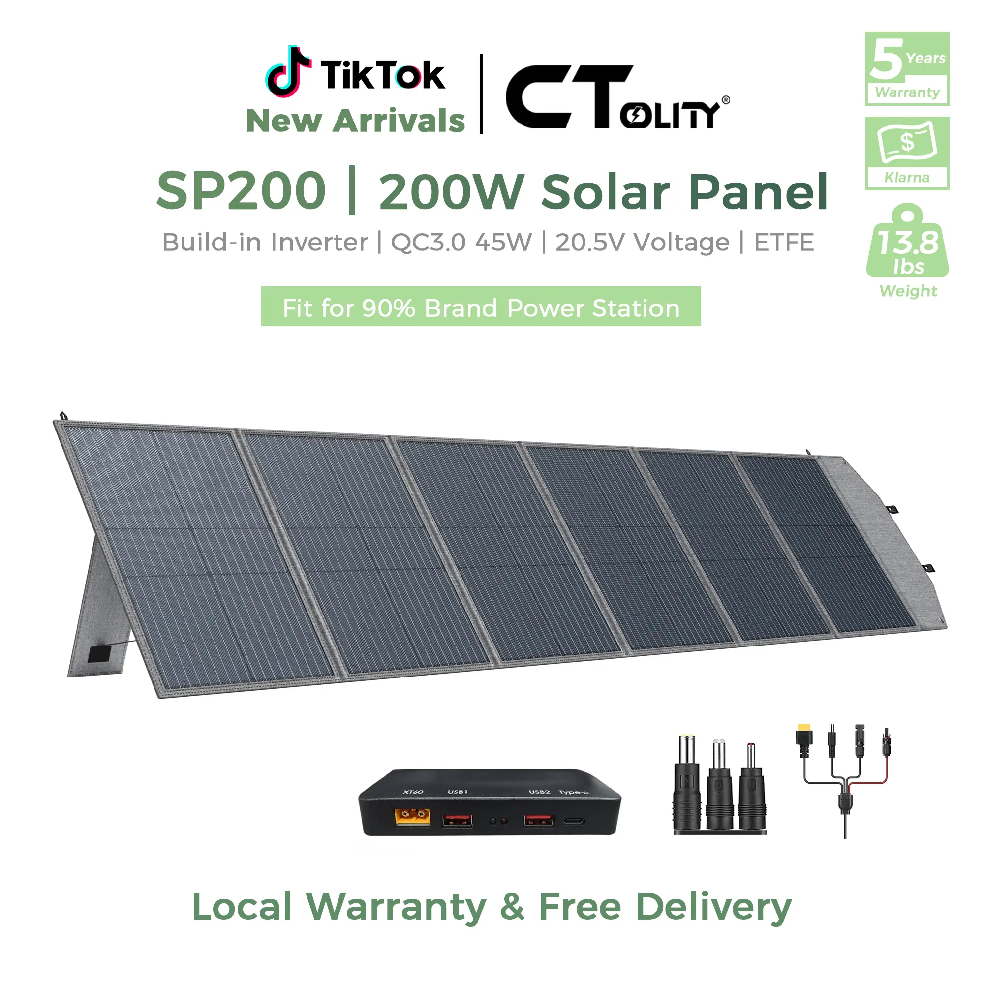 CTOLITY SP200 Folding Frame 200W Capacity Solar Panel, High-Efficiency Portable Solar Charger with 45W USB-C Fast Charging, XT60 & MC4 Outputs, Waterproof Sunlight Capture Power Supply for Outdoor Camping & Emergency Backup