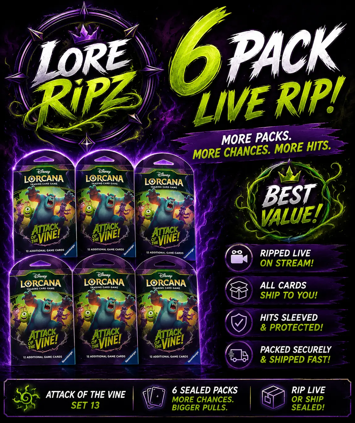 6 Packs of Disney's Lorcana: Attack of the Vine! Booster Packs