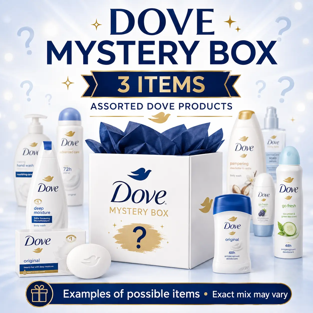 Dove Mystery Box 3 Items, Assorted Dove Personal Care Products, Mixed Scents & Item Types May Vary