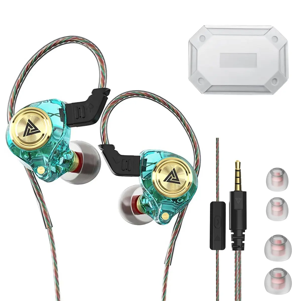 1/2Pack Portable 3.5mm Wired Gaming Earbuds with MIC, QKZ AK3 in Ear Monitor Headphones, Deep Bass Sound, 1DD 10mm Dynamic Driver, IEM for Music Video Calling( Black &Clear& Green& Purple )