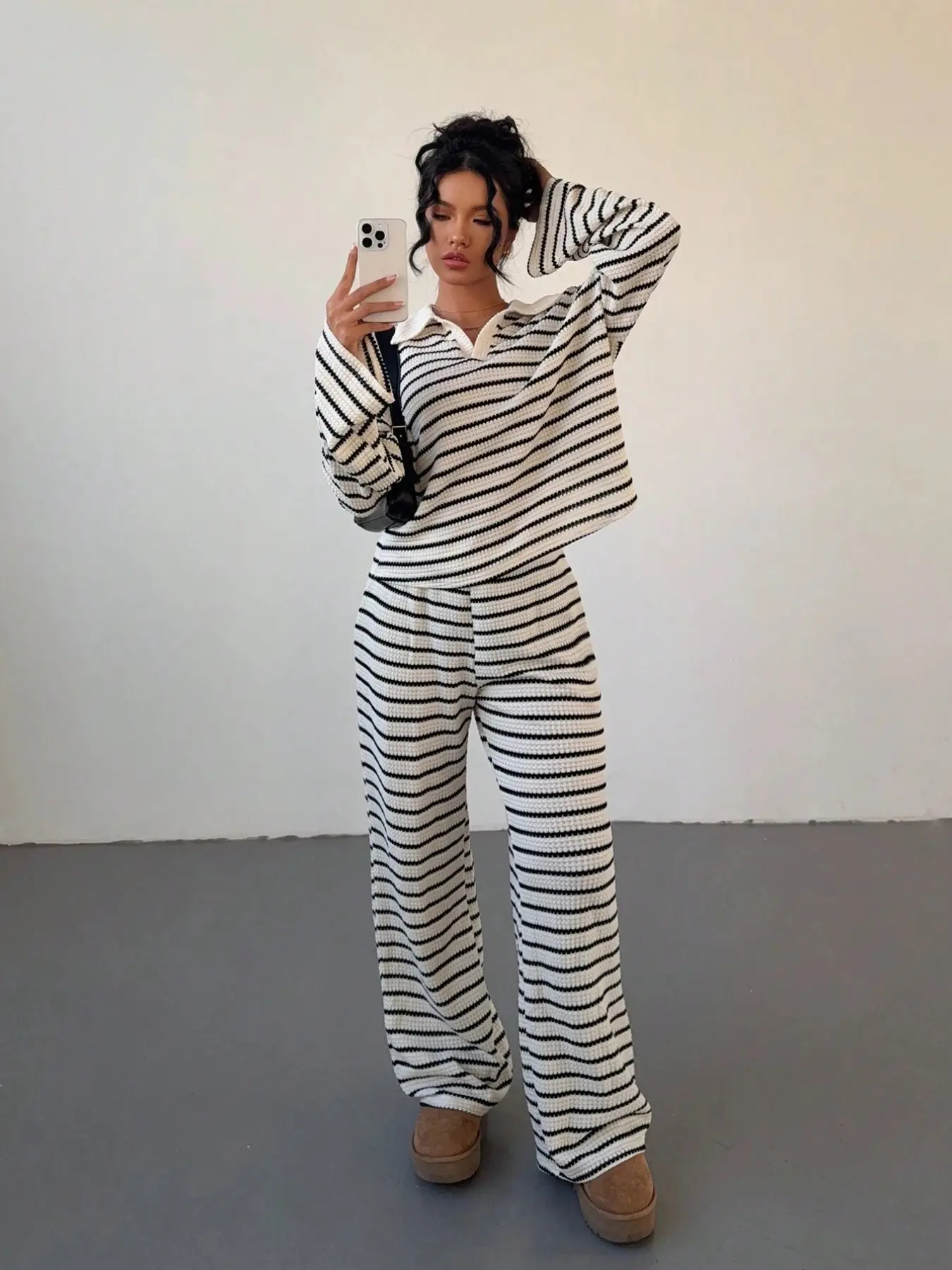 Viral Striped Waffle Knit Loungewear Set Pajama Set | Oversized Polo Collar Two-Piece Matching Outfit | Cozy Soft Fabric for All-Day Comfort | Y2K Aesthetic Streetwear & Homewear | Perfect for Chill Days, Errands & Lazy Girl Fits | Trending TikTok Outfit