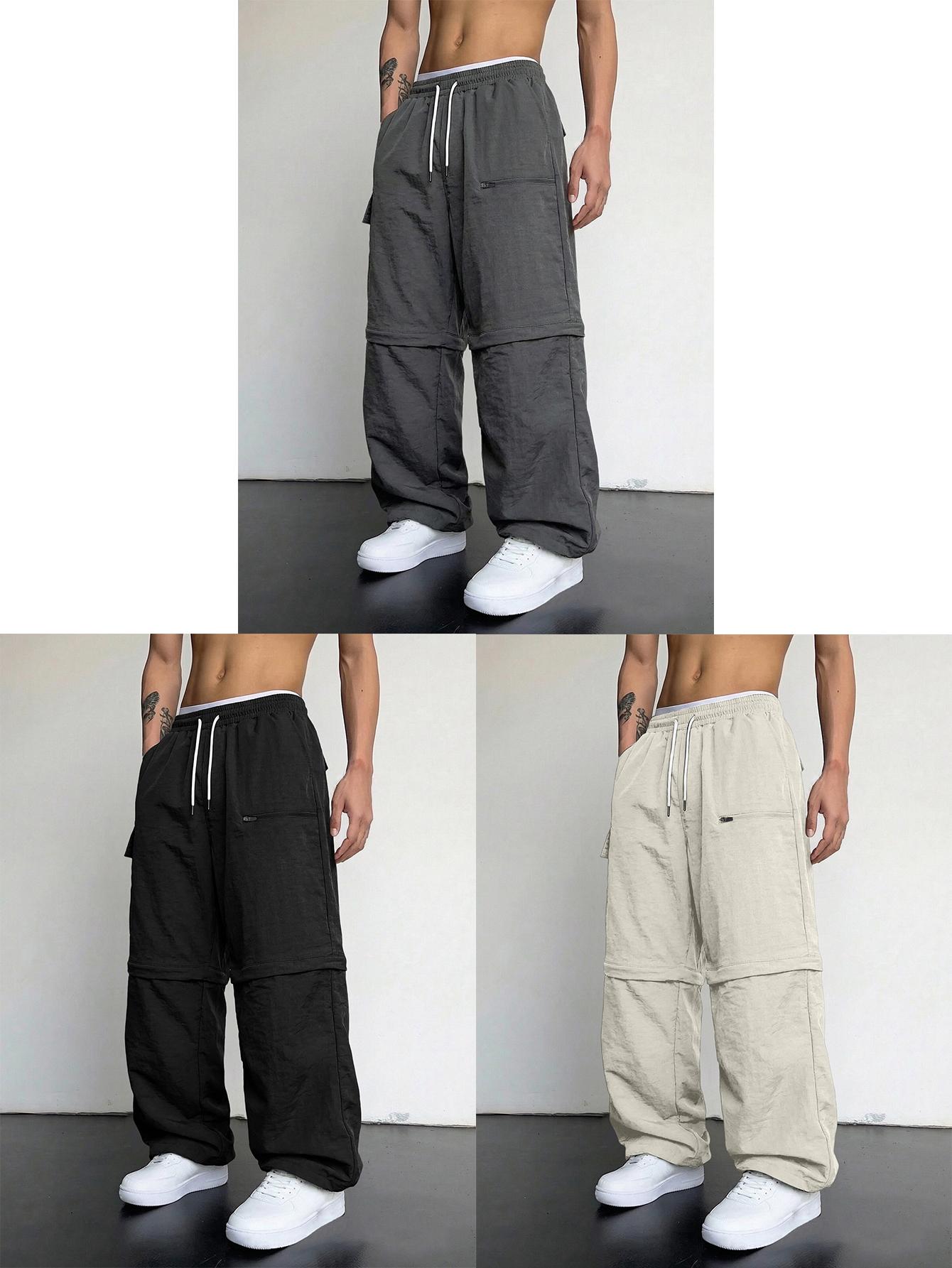 Men’s casual loose cargo pants; practical men’s cargo trousers; versatile two-way wear; straight-leg cargo long pants Menswear Streetwear Pocket Beige Athletic Stylish Dark Gray