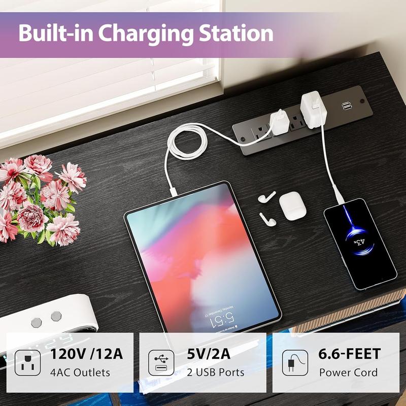 6 Drawer Dresser for Bedroom, Wide Wood Black Dressers Drawers with Led Lights and Power Outlets, Big Storage Dressers for Bedroom, Sturdy Modern Bedroom Dresser with Handle, Anti-Tilt Devices