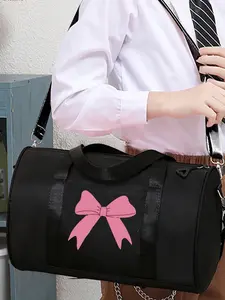 Waterproof Solid Color Sports Bag with Bow Print, Cute Ballet Travel Bag for Gym, Weekend Overnight Large Capacity Luggage