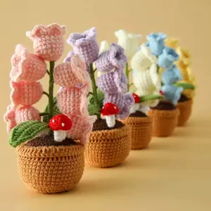 Crochet Flower Pot with Light - Colorful Flower Design in Wooden Pots
