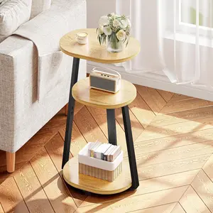Side table, small side table with metal frame, three-tier bedside table, suitable for living room, bedroom, sofa, bathroom, round side table, oval shape, modern oak style