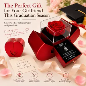 Preserved Red Rose Jewelry Gift Box with Sparkling Pendant Necklace Romantic Statement Set  Accessories for Women Valentines&birthday Graduation Gift for Girlfriend Stud