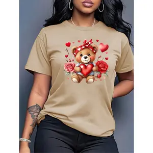 Women'S Casual Crew Neck T-Shirt with Adorable Teddy Bear & Heart Design, Short Sleeve, Polyester, Multiple Colors Available, Perfect for Summer Outings and Casual Attire, Casual Wear Tee | Teddy Bear Print Tee | Durable Fabric, Bear Deco