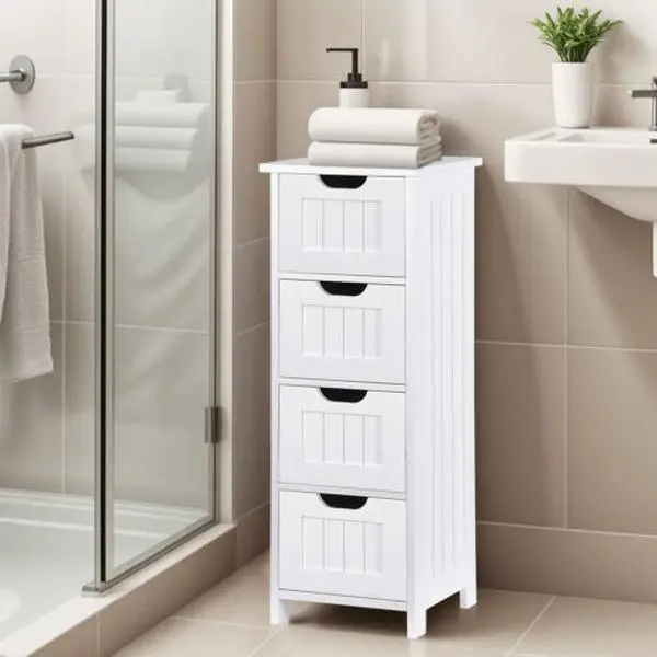 White MDF Wood 4-Drawer Sturdy Eco-Friendly Bathroom Storage Cabinet - 30x30x82cm Narrow Space Organizer, Anti-Tip, Fits as Bedside Table for Bath Towels or Toilet Paper Rolls
